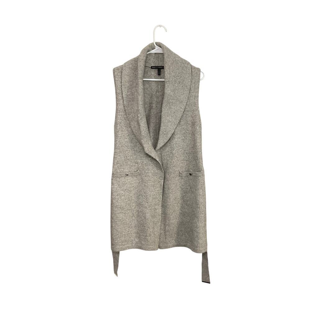 WHBM Wool Blend Belted Long Gray Sweater Vest Cardigan Size Small Pockets - Picture 2 of 7